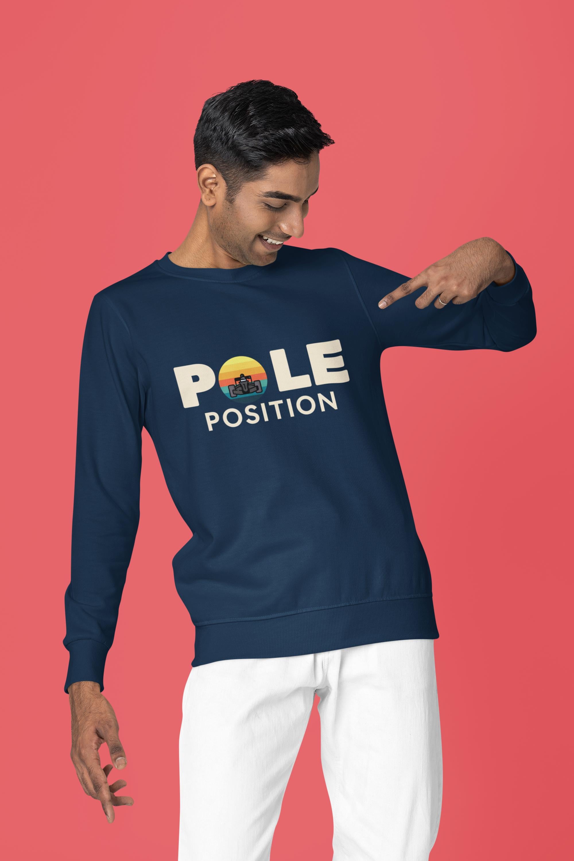 Man wearing a navy blue sweatshirt with 'Pole Position' text on a red background