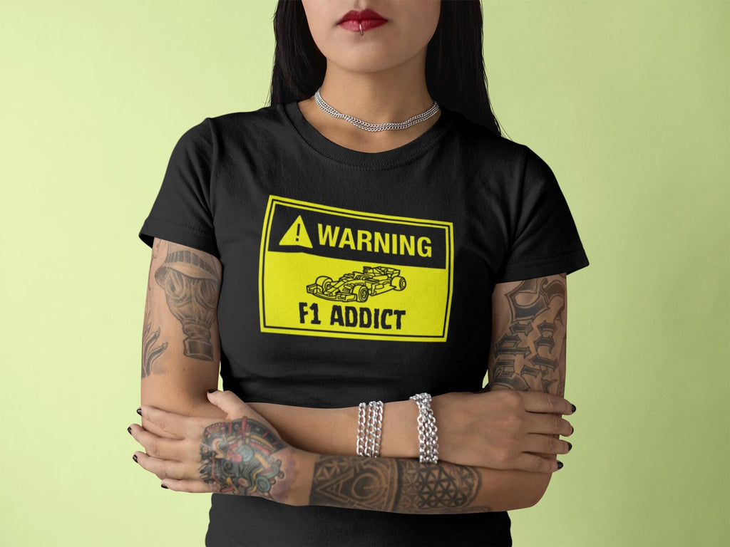 Formula 1 shirt "Warning: F1 Addict" - Funny Racing T-Shirt/Tee for Men and Women. Perfect Gift for Formula One Lovers. F1 Merch