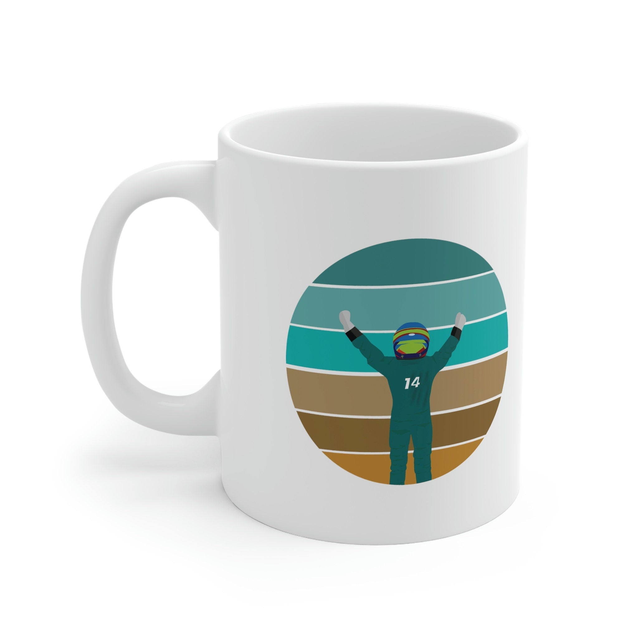 11oz White Vintage Fernando Alonso Ceramic Mug - F1 Driver Design - Perfect Gift for Motorsport and Racing Fans - Handmade Minimalist Style.