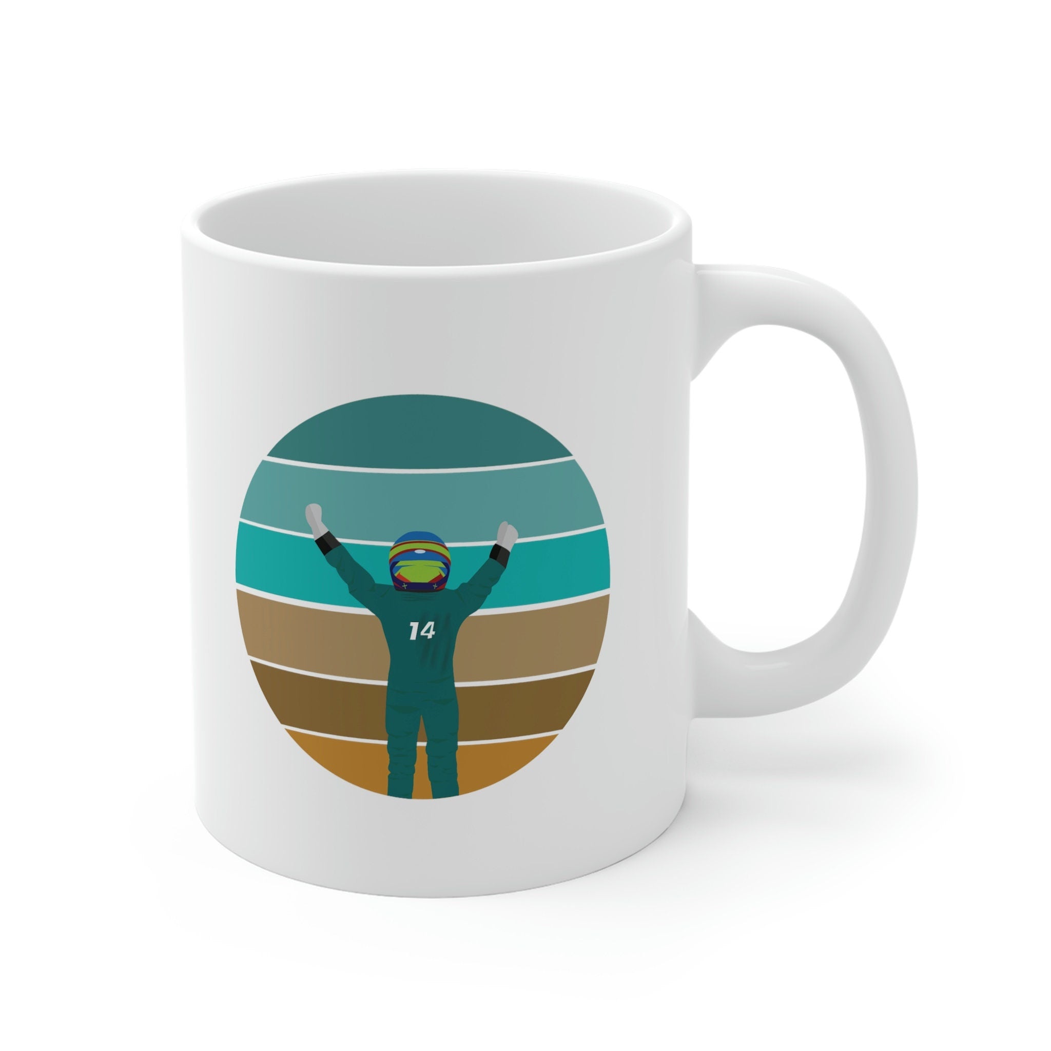 11oz White Vintage Fernando Alonso Ceramic Mug - F1 Driver Design - Perfect Gift for Motorsport and Racing Fans - Handmade Minimalist Style.