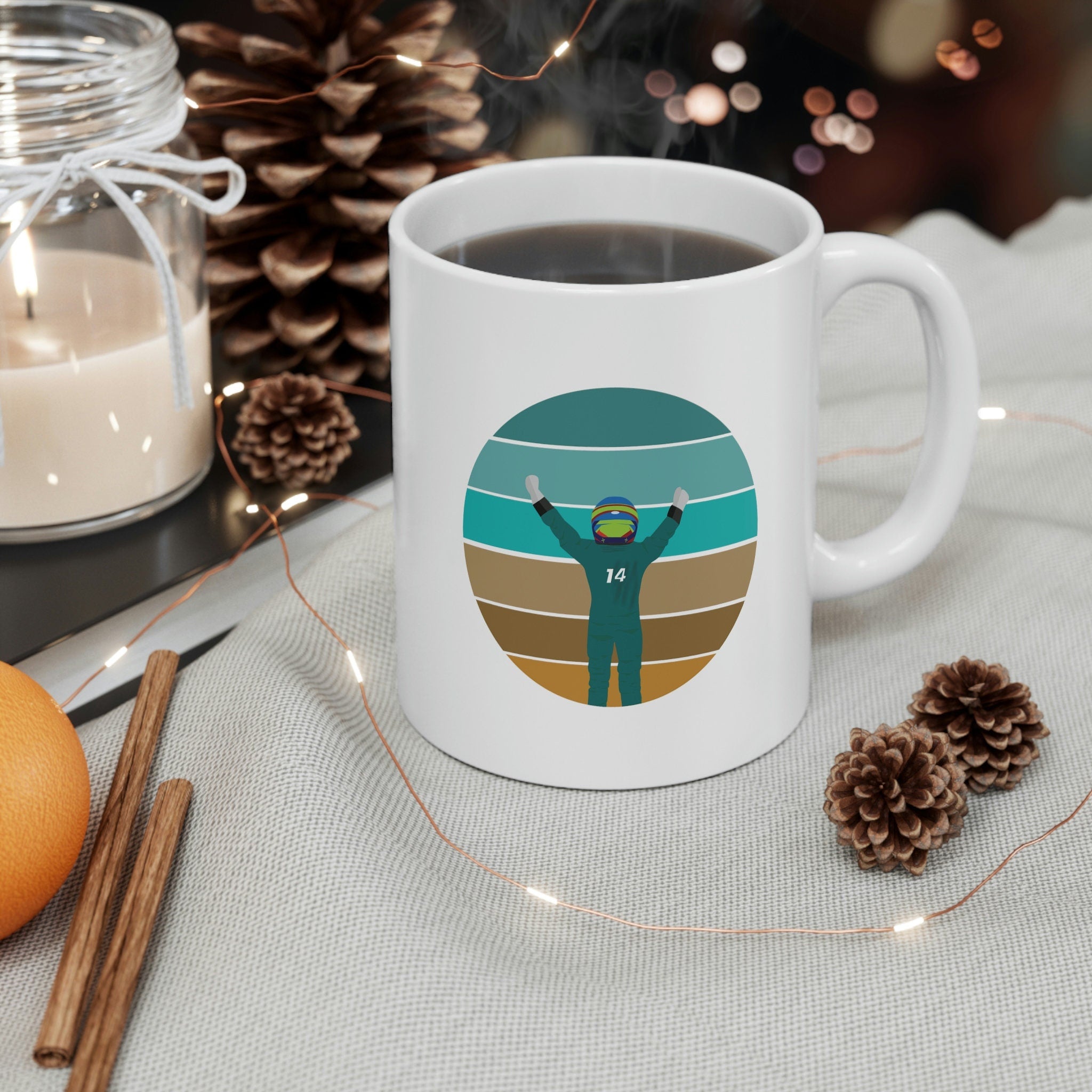 11oz White Vintage Fernando Alonso Ceramic Mug - F1 Driver Design - Perfect Gift for Motorsport and Racing Fans - Handmade Minimalist Style.