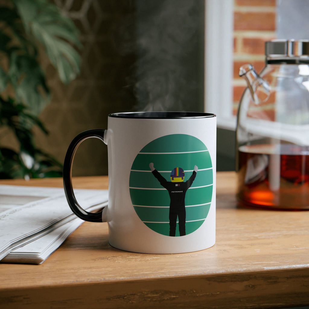 F1 Gift : Mercedes Lewis Hamilton Two-Tone Coffee Mug, 11oz, Perfect gift for Formula One