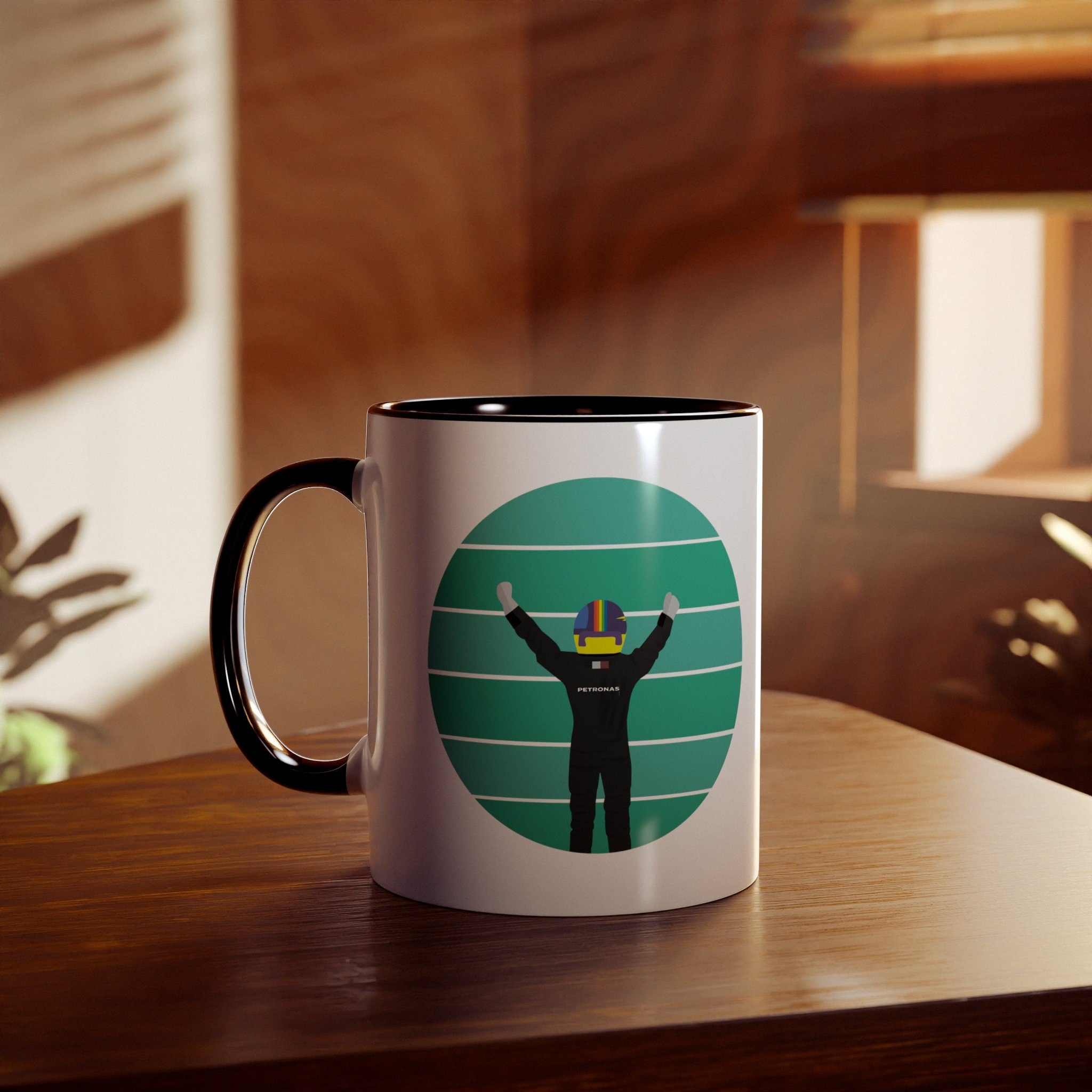F1 Gift : Mercedes Lewis Hamilton Two-Tone Coffee Mug, 11oz, Perfect gift for Formula One