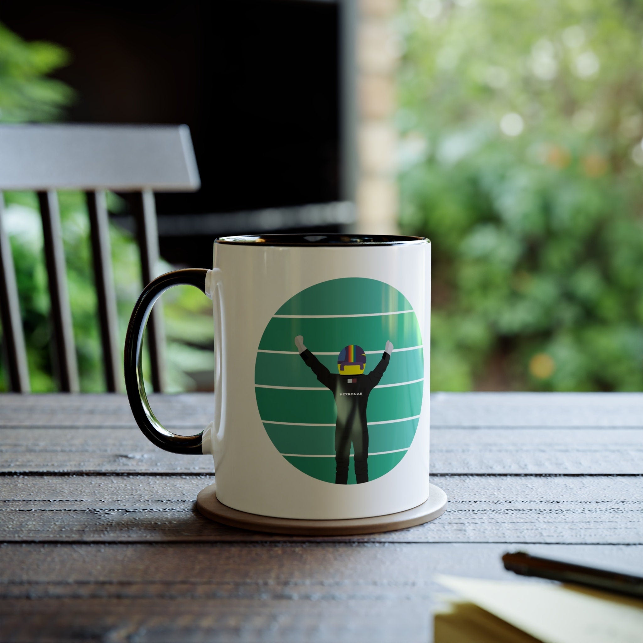 F1 Gift : Mercedes Lewis Hamilton Two-Tone Coffee Mug, 11oz, Perfect gift for Formula One