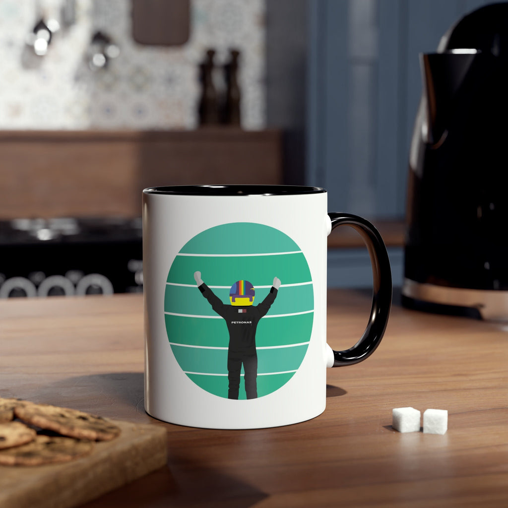 F1 Gift : Mercedes Lewis Hamilton Two-Tone Coffee Mug, 11oz, Perfect gift for Formula One
