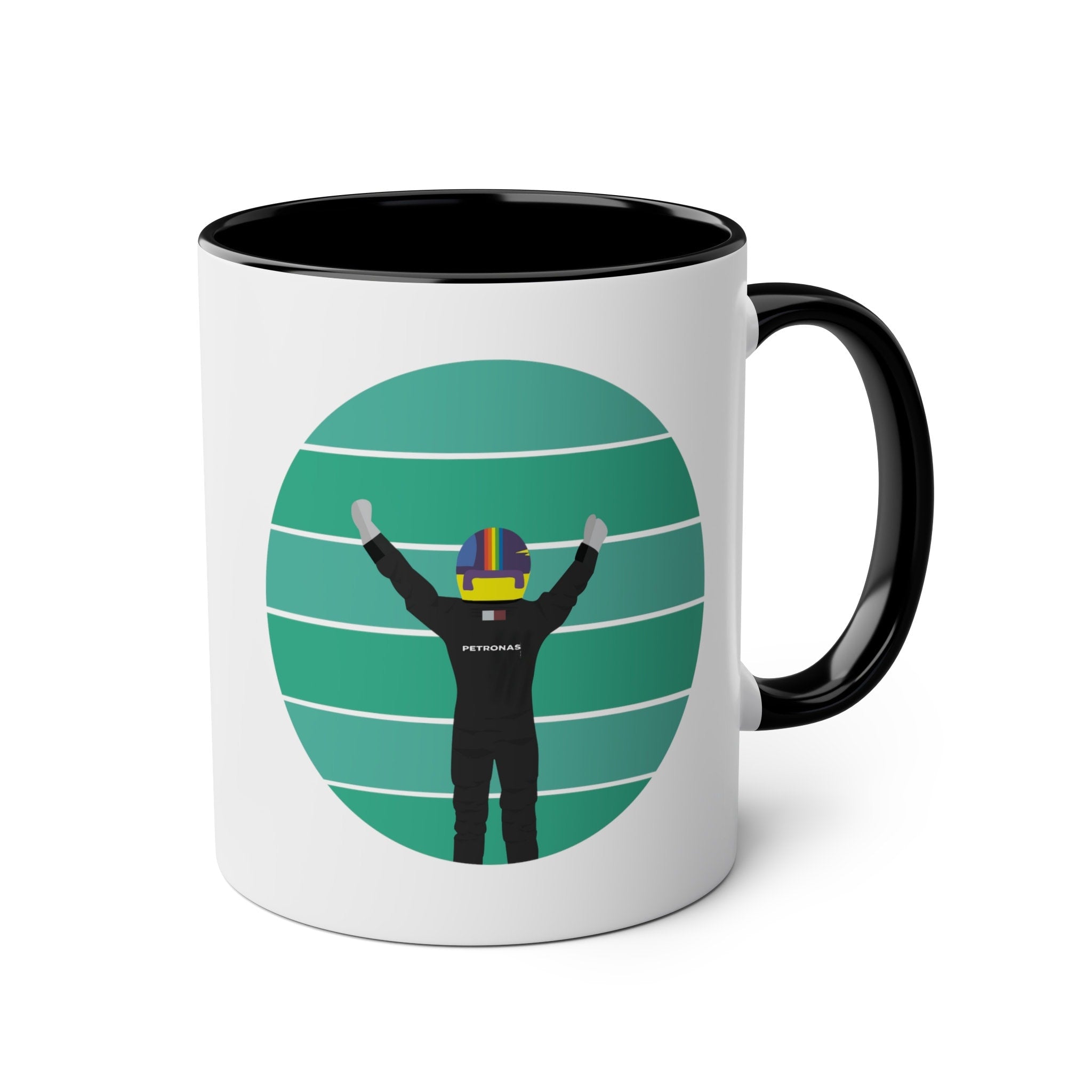 F1 Gift : Mercedes Lewis Hamilton Two-Tone Coffee Mug, 11oz, Perfect gift for Formula One
