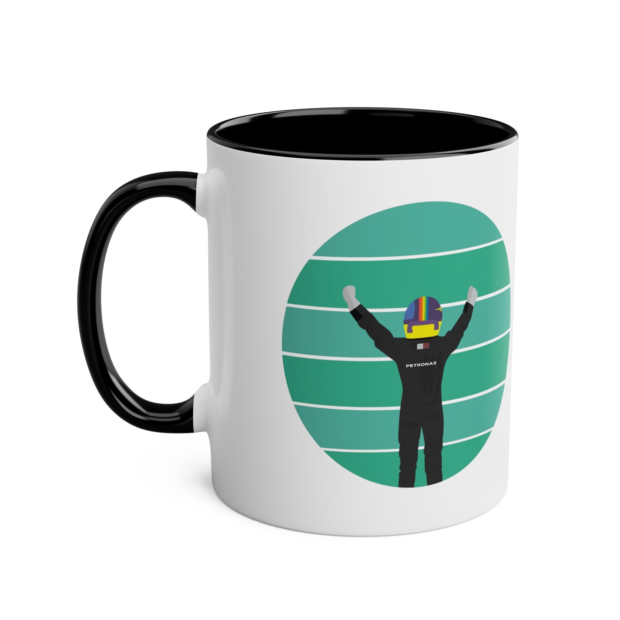 F1 Gift : Mercedes Lewis Hamilton Two-Tone Coffee Mug, 11oz, Perfect gift for Formula One