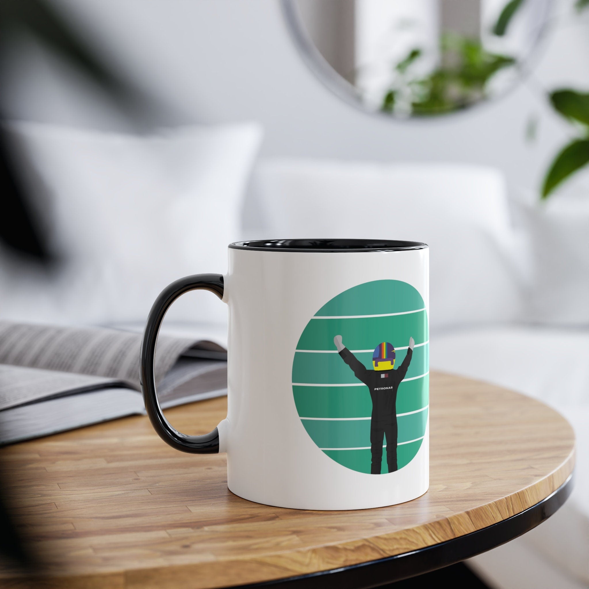 F1 Gift : Mercedes Lewis Hamilton Two-Tone Coffee Mug, 11oz, Perfect gift for Formula One