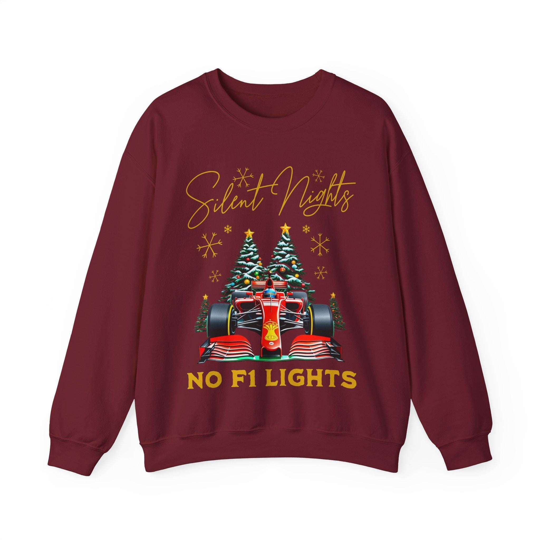 Festive Motorsport Crewneck Sweatshirt, Formula 1 Car Christmas Jumper, Silent Nights No F1 Lights, Holiday Racing Apparel, Winter Pullover,