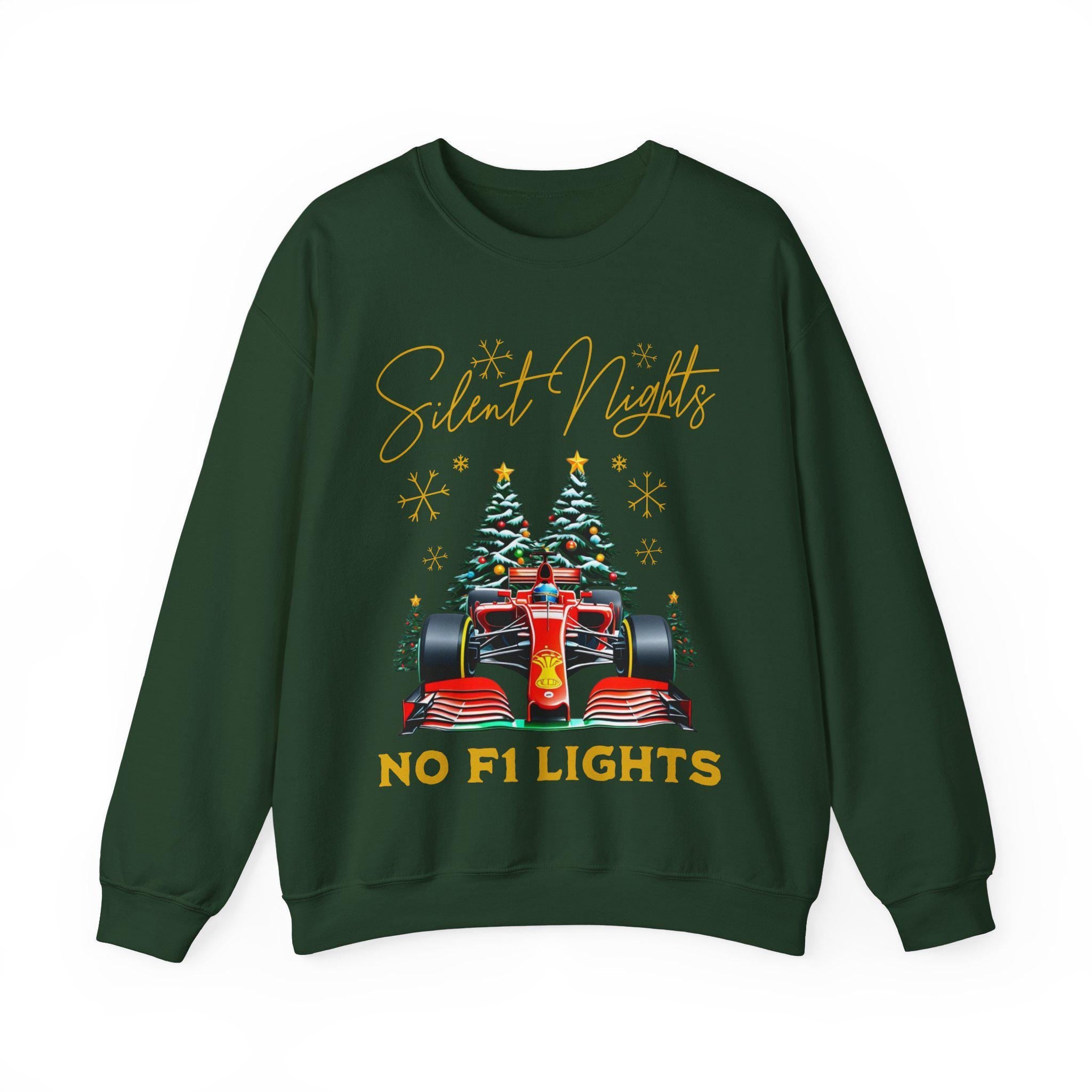 Festive Motorsport Crewneck Sweatshirt, Formula 1 Car Christmas Jumper, Silent Nights No F1 Lights, Holiday Racing Apparel, Winter Pullover,