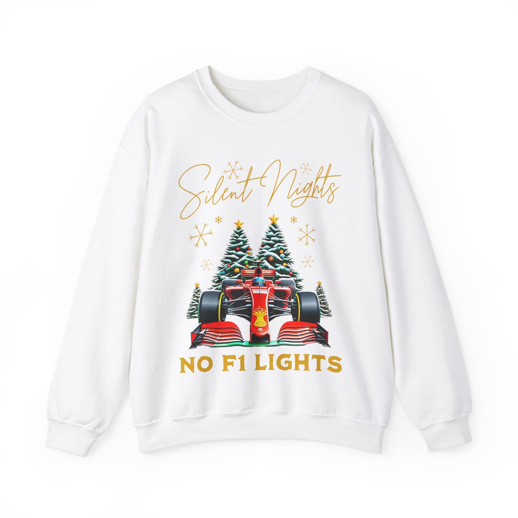 Festive Motorsport Crewneck Sweatshirt, Formula 1 Car Christmas Jumper, Silent Nights No F1 Lights, Holiday Racing Apparel, Winter Pullover,
