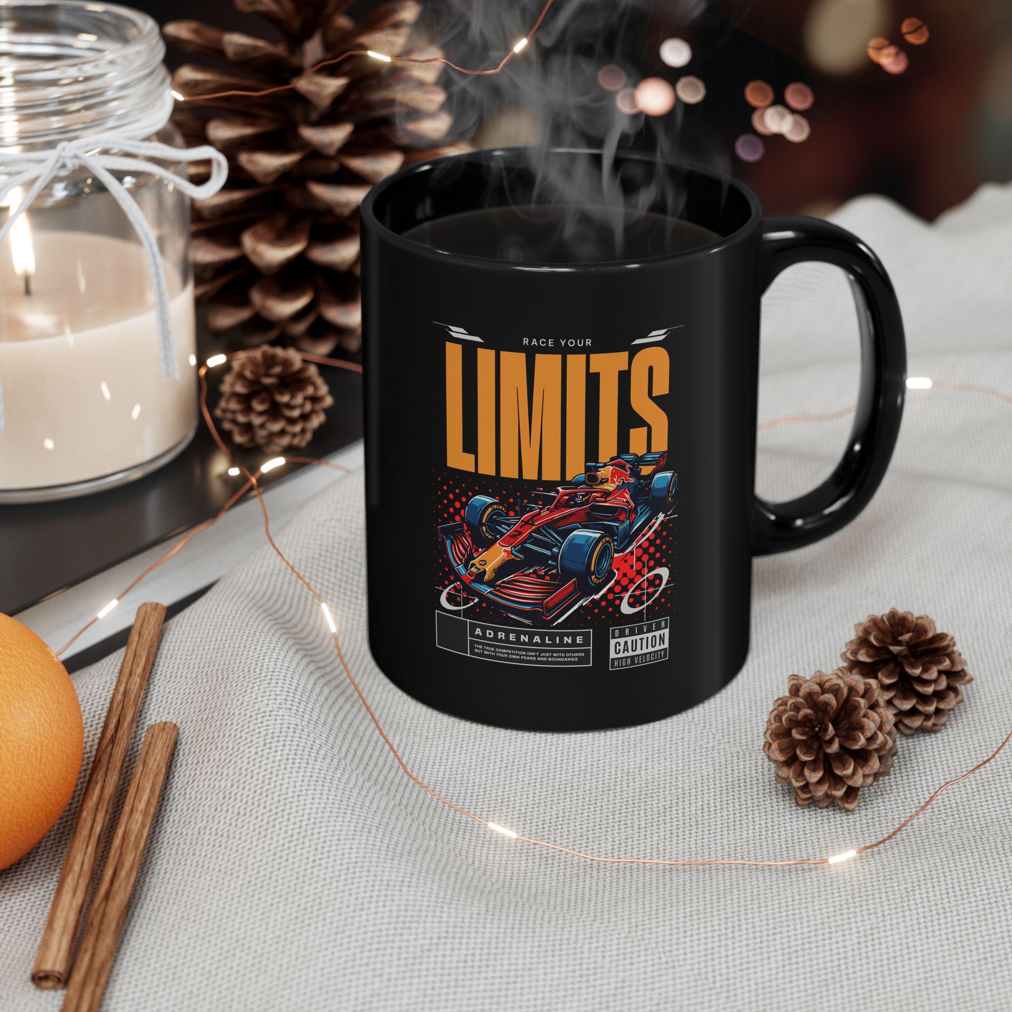 Black Formula 1 Mug F1 Car Race Your Limits Coffee Cup, Racing Enthusiast Gift, Checkered Pattern Speed Inspired Tea Mug, High-Speed