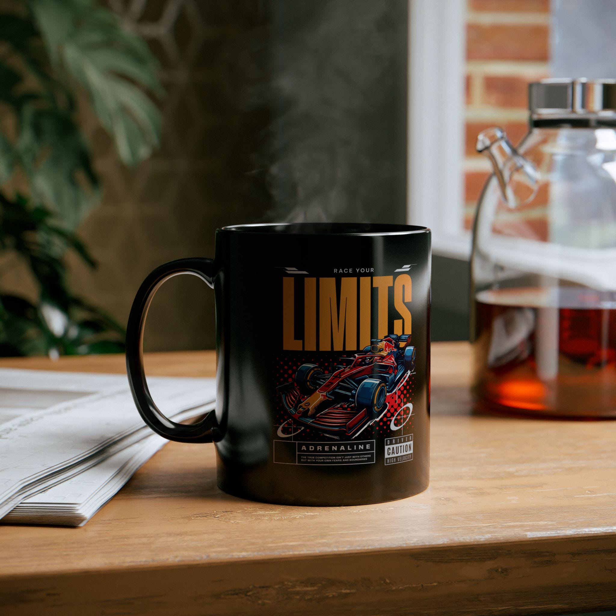 Black Formula 1 Mug F1 Car Race Your Limits Coffee Cup, Racing Enthusiast Gift, Checkered Pattern Speed Inspired Tea Mug, High-Speed