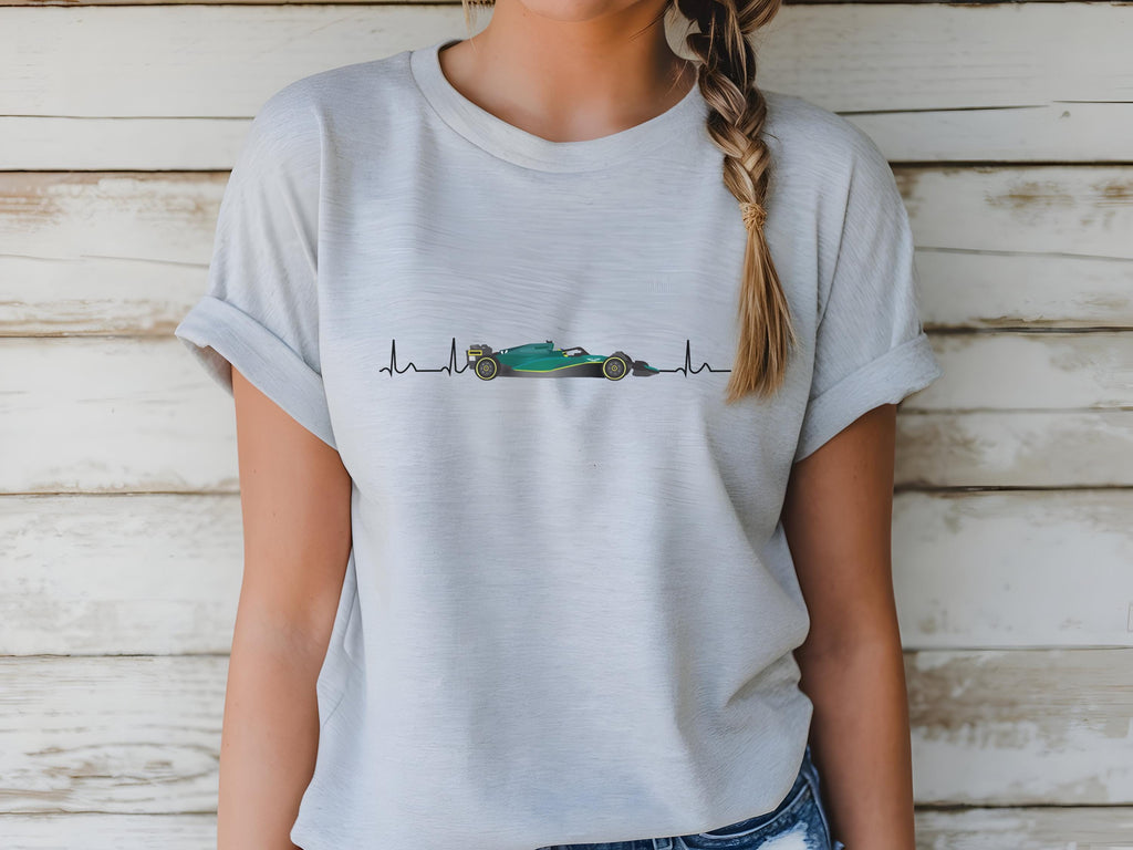 F1 Car Heartbeat Unisex Tee, Racing T-Shirt, Motorsport Gift, Green and Black Shirt, Race Car Lover Top