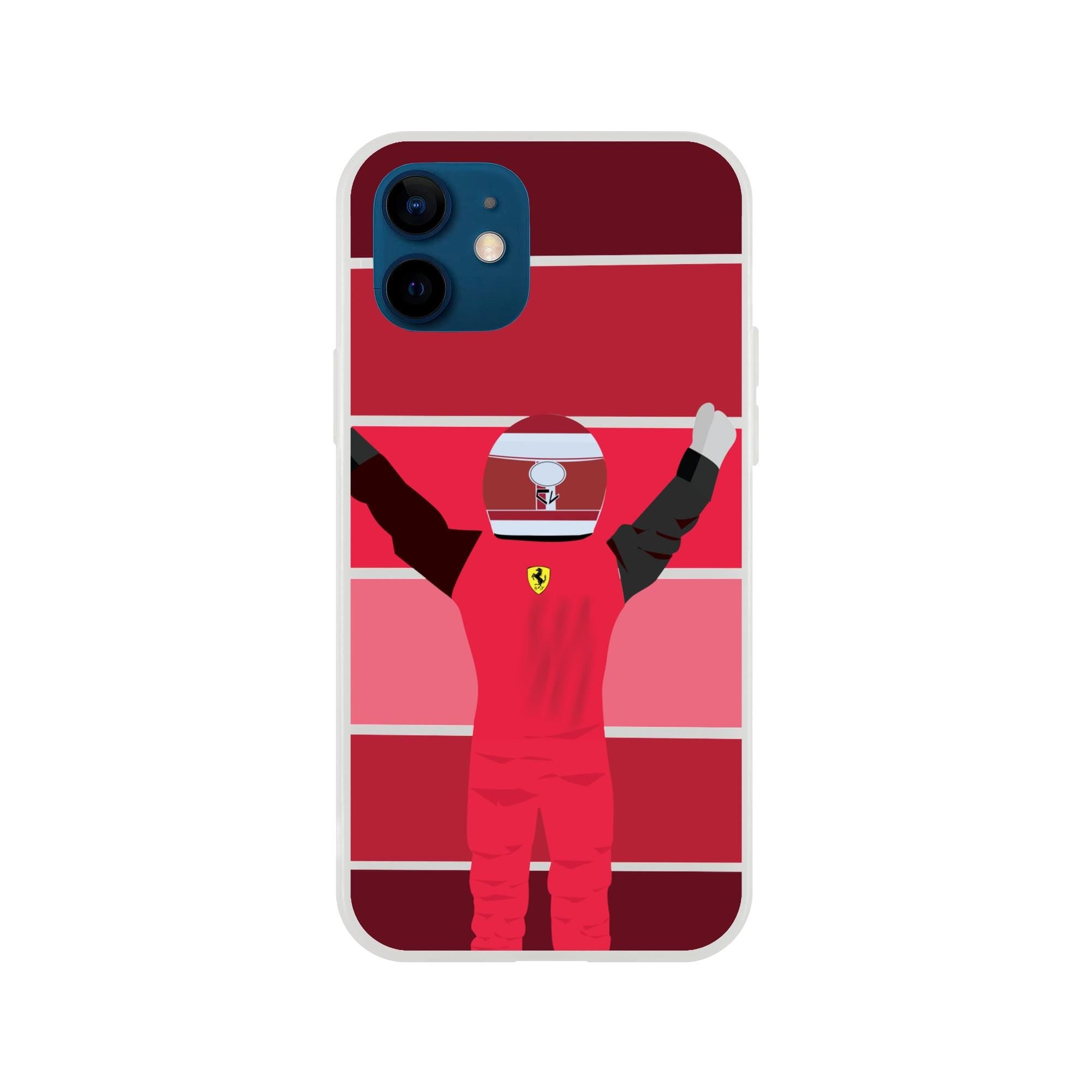 A red and white iPhone phone case with a cartoon image of a race car driver raising their arms in victory. The driver is wearing a red racing suit and a white helmet with a red Ferrari logo.