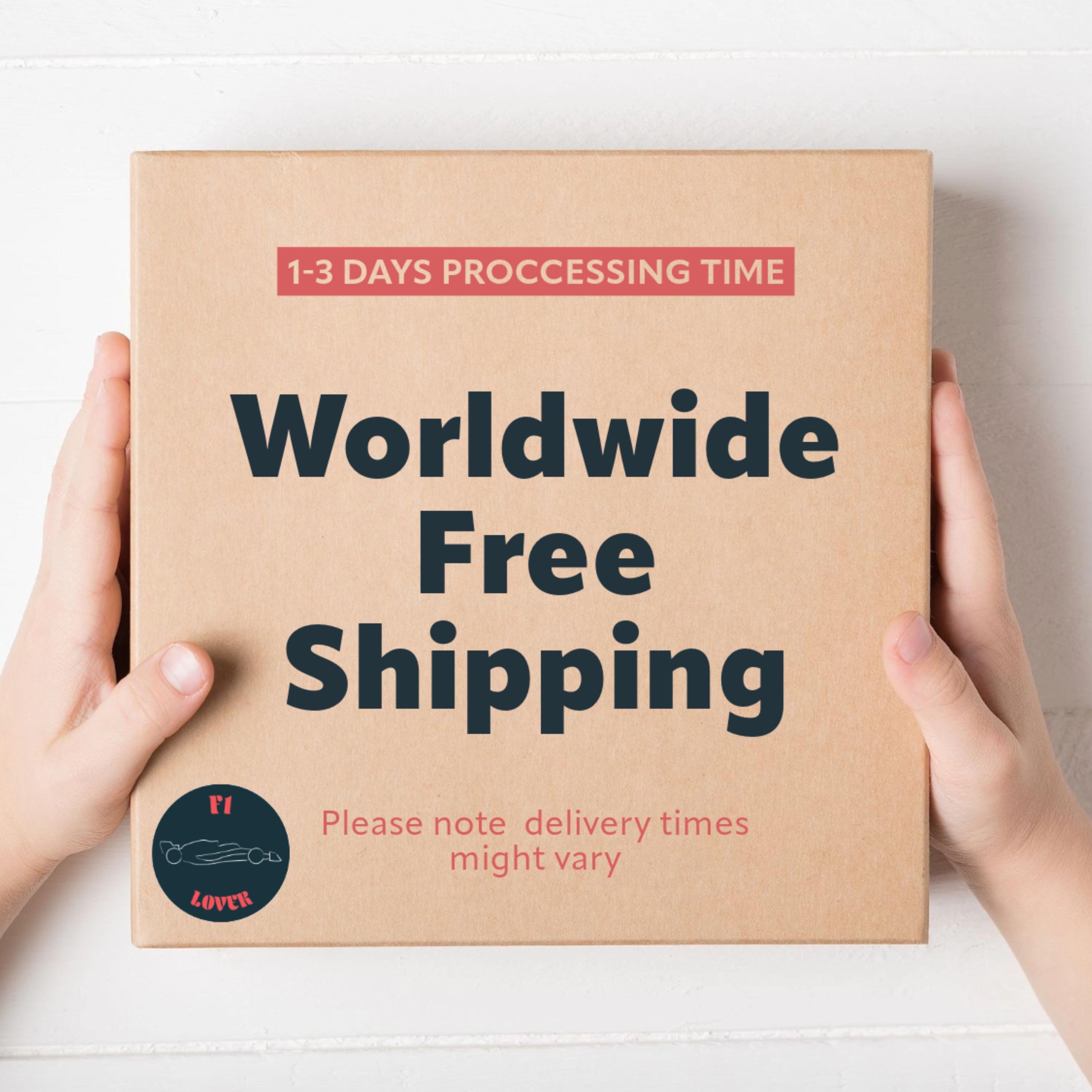 A cardboard box held by hands, featuring text indicating worldwide free shipping. The box has a red banner stating &#39;1-3 DAYS PROCCESSING TIME.&#39; Bold, dark blue text reads &#39;Worldwide Free Shipping.&#39; Below, smaller text says &#39;Please note delivery times might vary.&#39; A circular logo with a stylized figure is in the lower left corner.