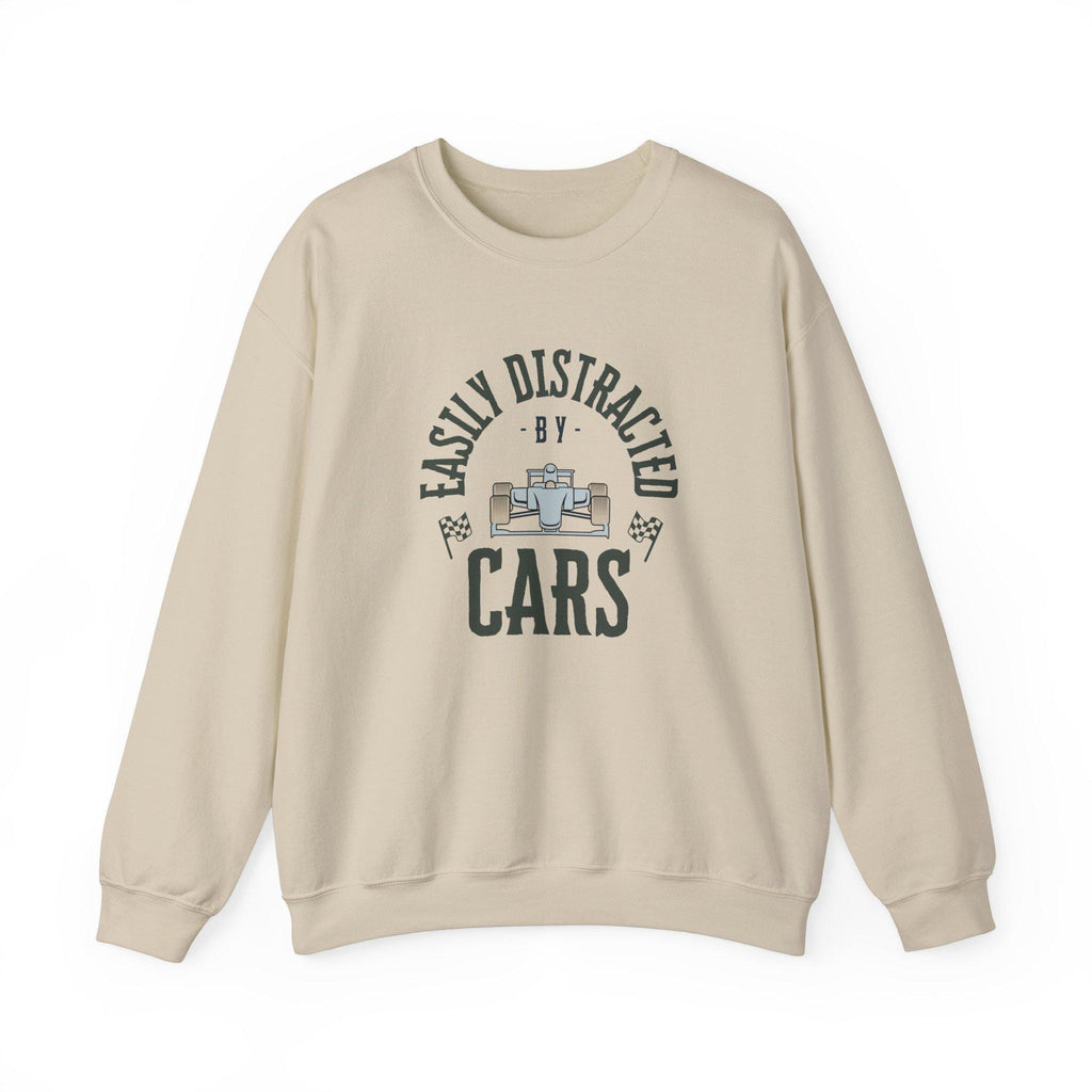 Funny Racing F1 Sweatshirt - Easily Distracted by Cars Crewneck, Formula 1 Gift, Motorsport Lover Race Fan Apparel Sweater