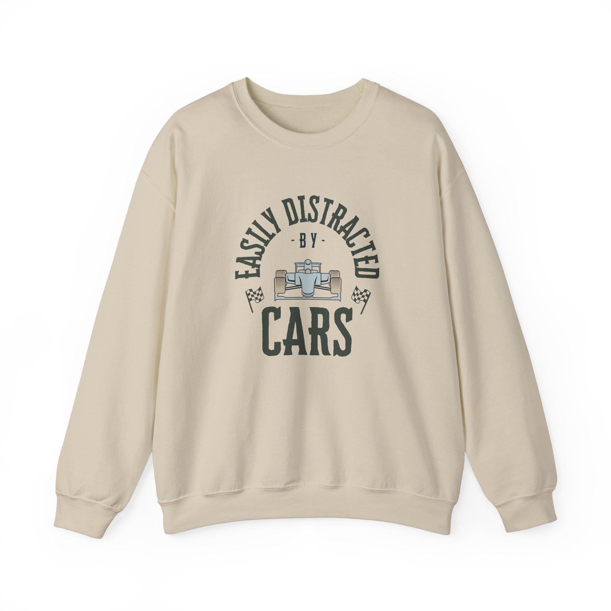 Funny Racing F1 Sweatshirt - Easily Distracted by Cars Crewneck, Formula 1 Gift, Motorsport Lover Race Fan Apparel Sweater
