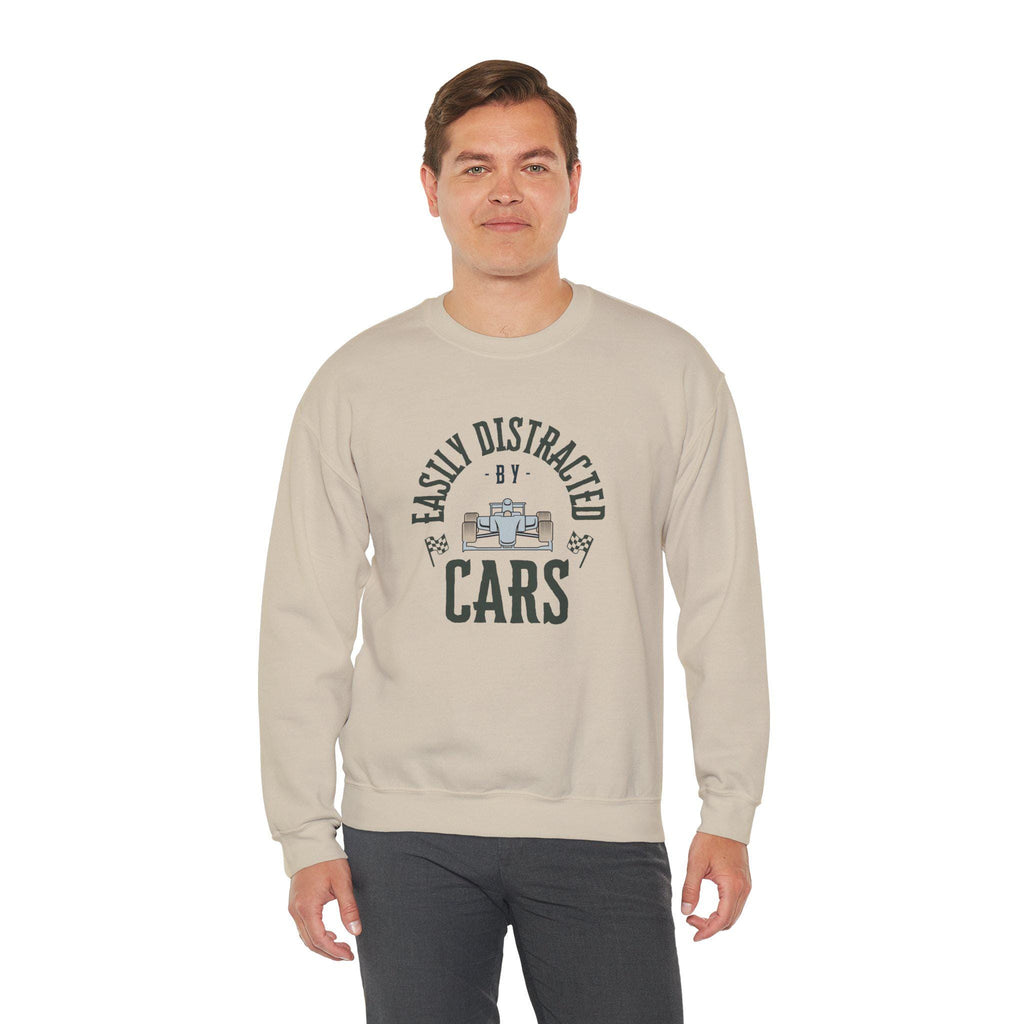Funny Racing F1 Sweatshirt - Easily Distracted by Cars Crewneck, Formula 1 Gift, Motorsport Lover Race Fan Apparel Sweater
