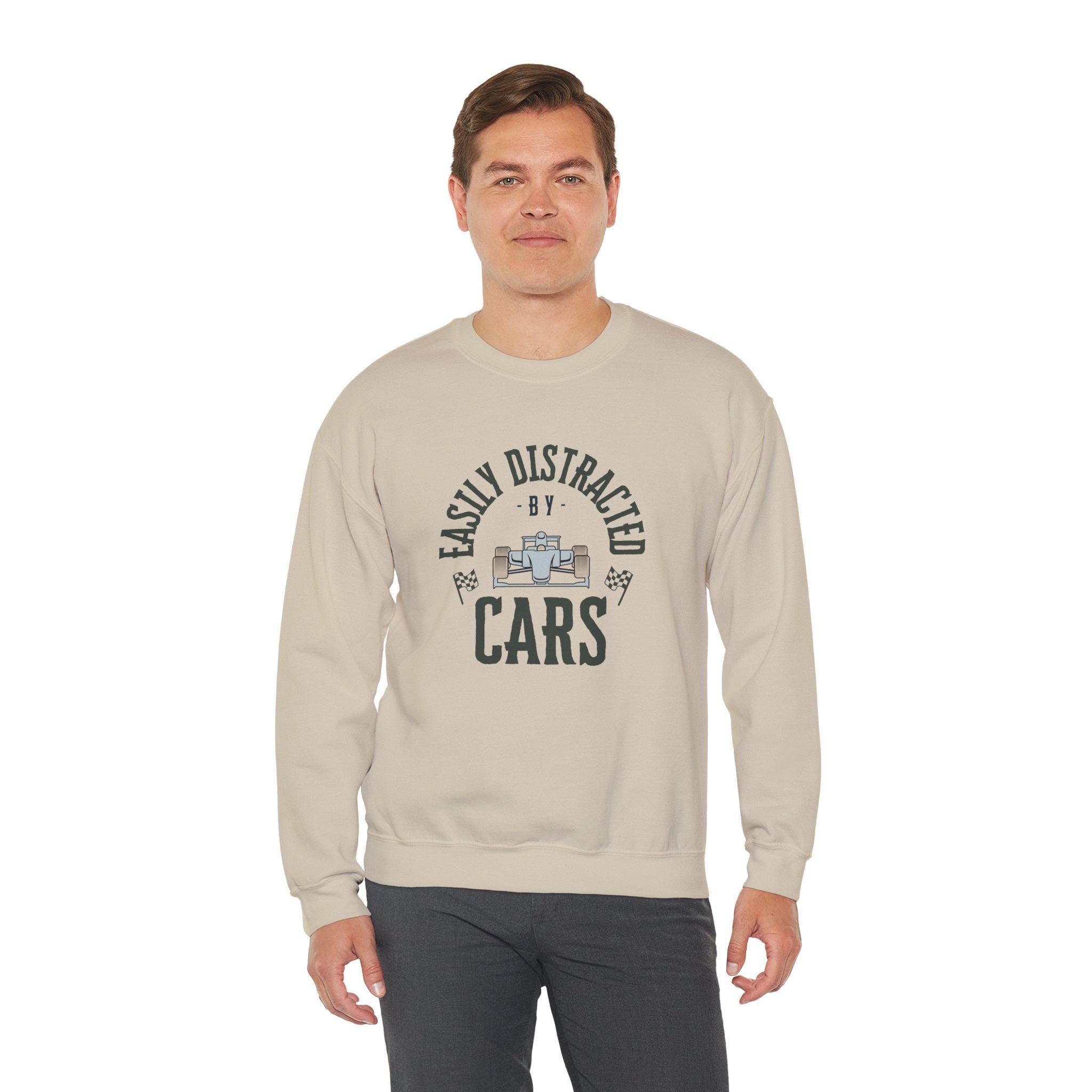Funny Racing F1 Sweatshirt - Easily Distracted by Cars Crewneck, Formula 1 Gift, Motorsport Lover Race Fan Apparel Sweater