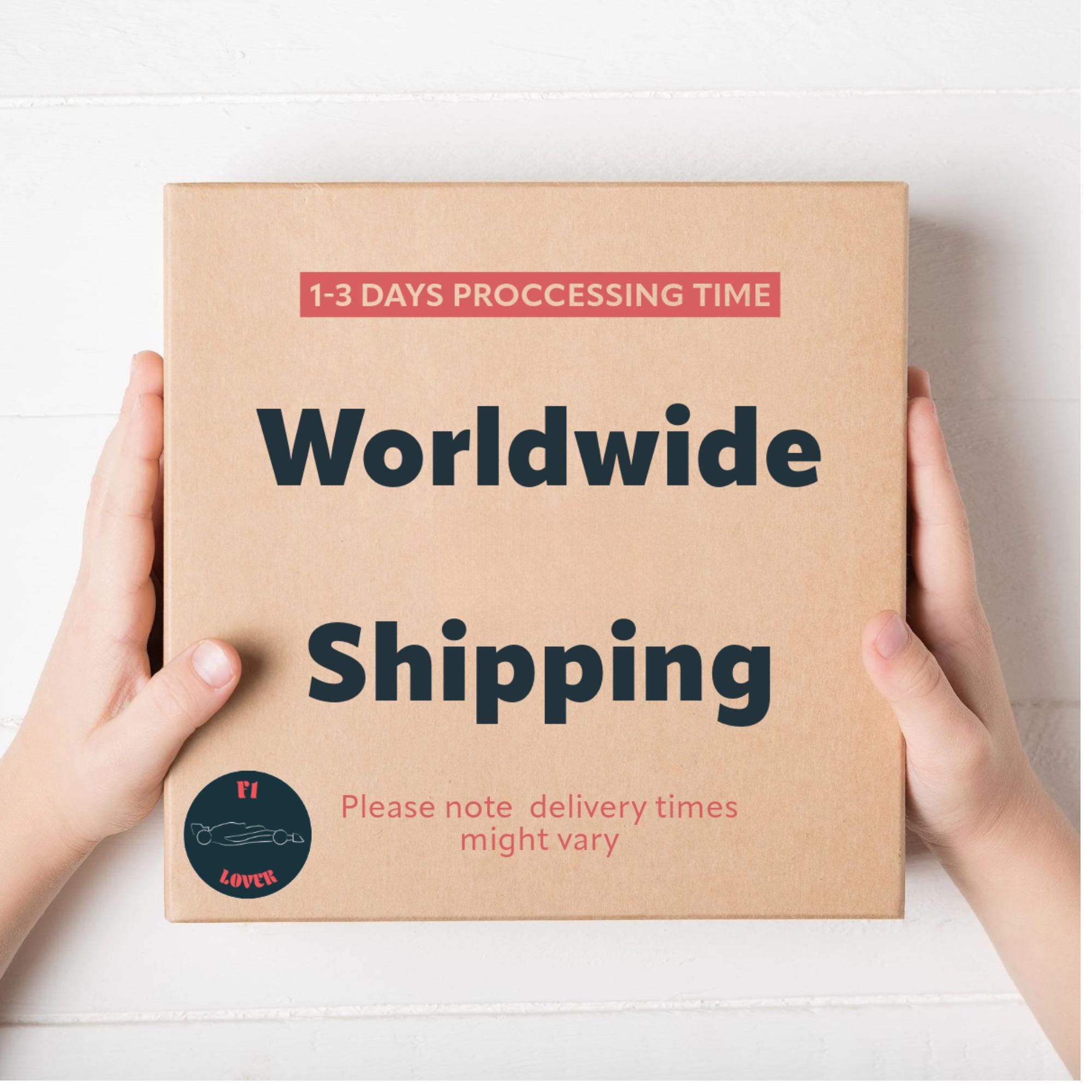 A brown cardboard box with the text &#39;Worldwide Shipping&#39; in black. The box also has the text &#39;1-3 Days Processing Time&#39; in red and the text &#39;Please note delivery times might vary&#39; in black. The box has a sticker with a car and the text &#39;F1 Lover&#39;.