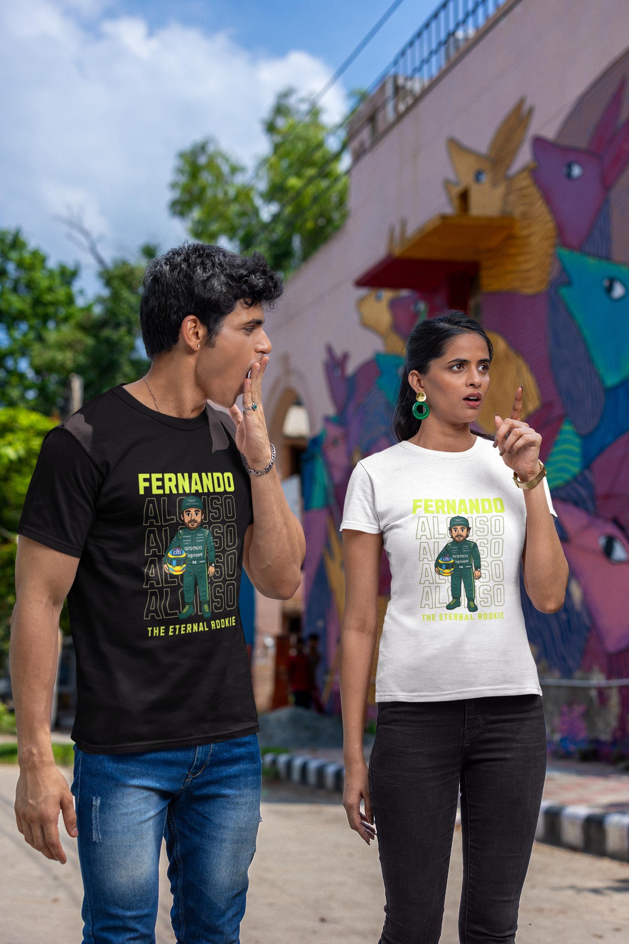 Fernando Alonso “Eternal Rookie” T-Shirt – Funny F1 Graphic Tee – Aston Martin Inspired Racing Shirt – Formula 1 Fan Gift for Men or Women