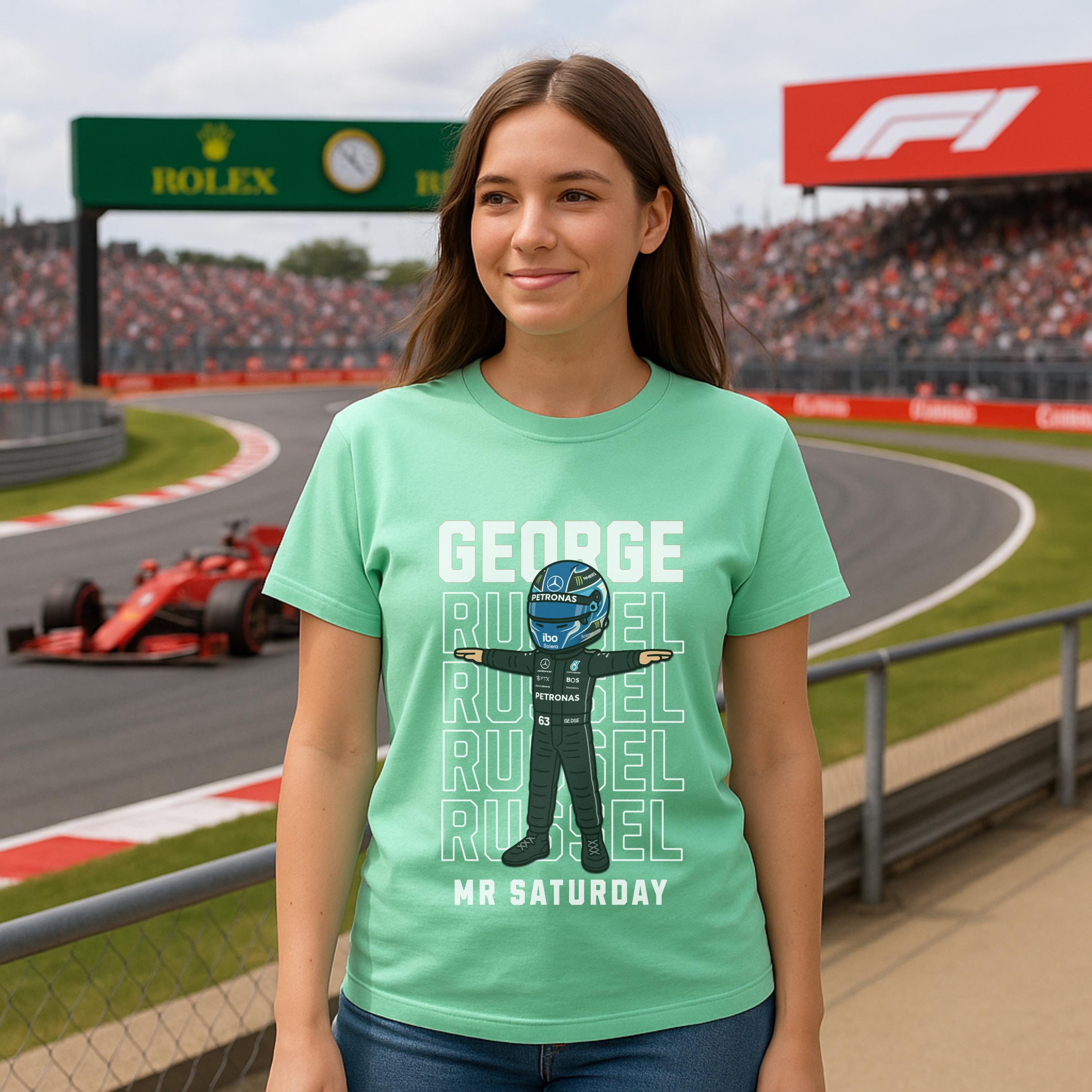George Russell Mr Saturday T-Shirt | Cartoon F1 Tee | Formula 1 Gift for Racing Fans | Mercedes Driver Funny Shirt | Motorsport Merch