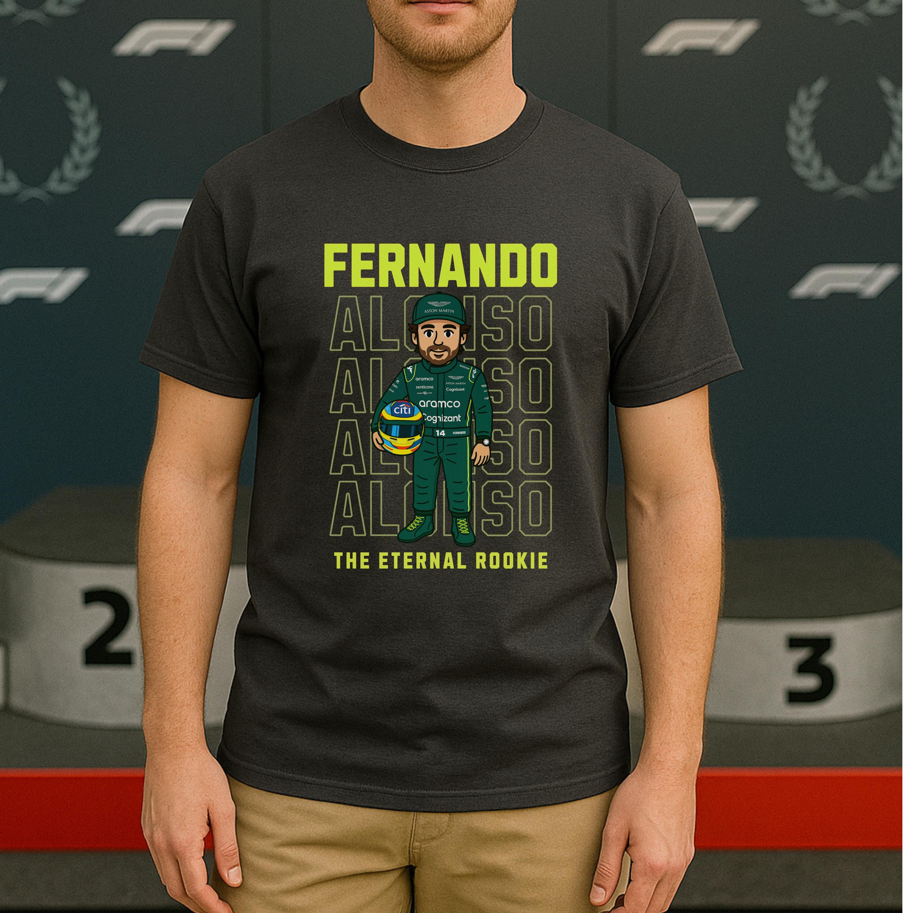 Fernando Alonso “Eternal Rookie” T-Shirt – Funny F1 Graphic Tee – Aston Martin Inspired Racing Shirt – Formula 1 Fan Gift for Men or Women