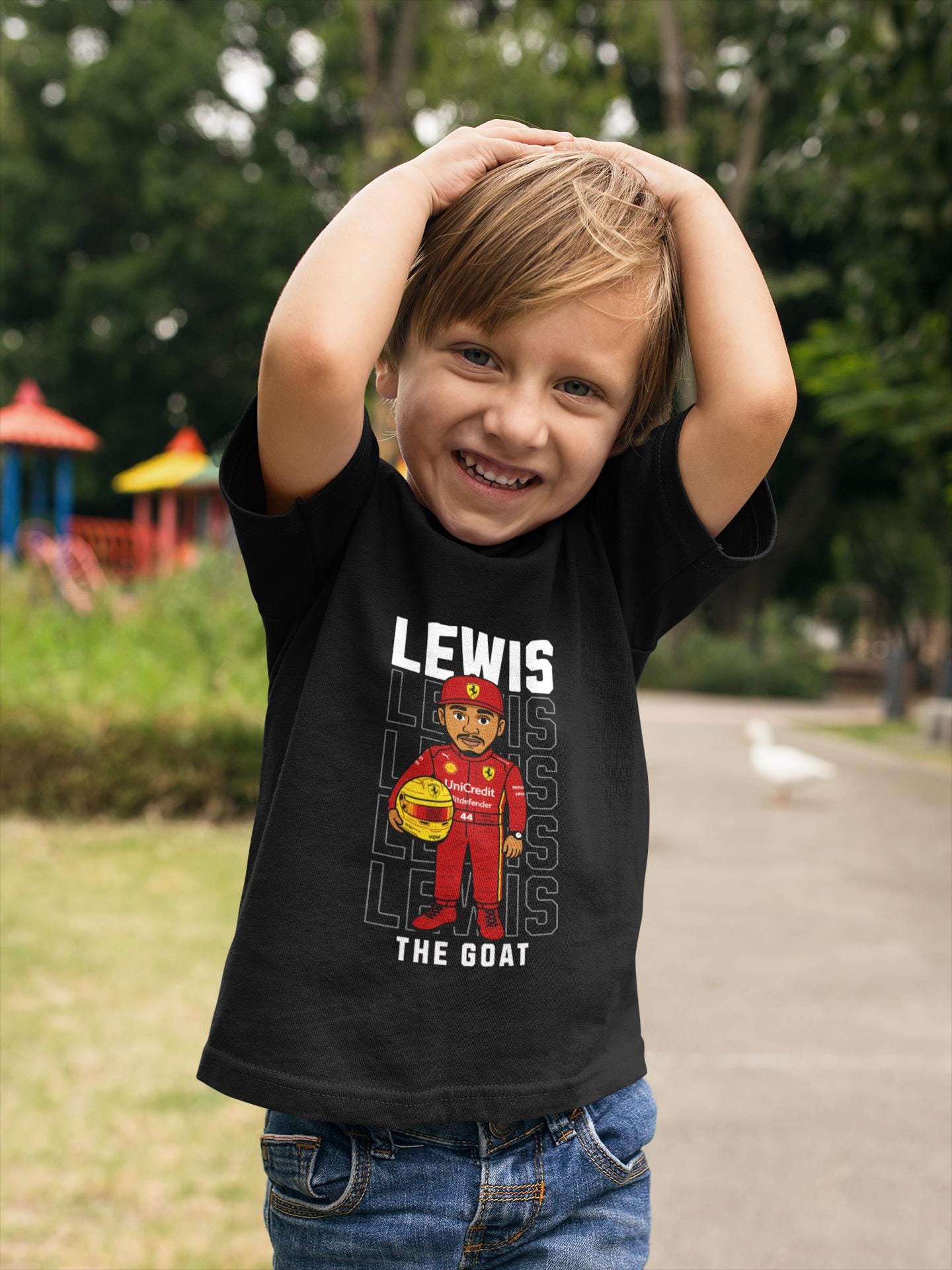 Lewis Hamilton Kids T-Shirt: The GOAT, Ferrari F1 Racing, Sustainable Cotton