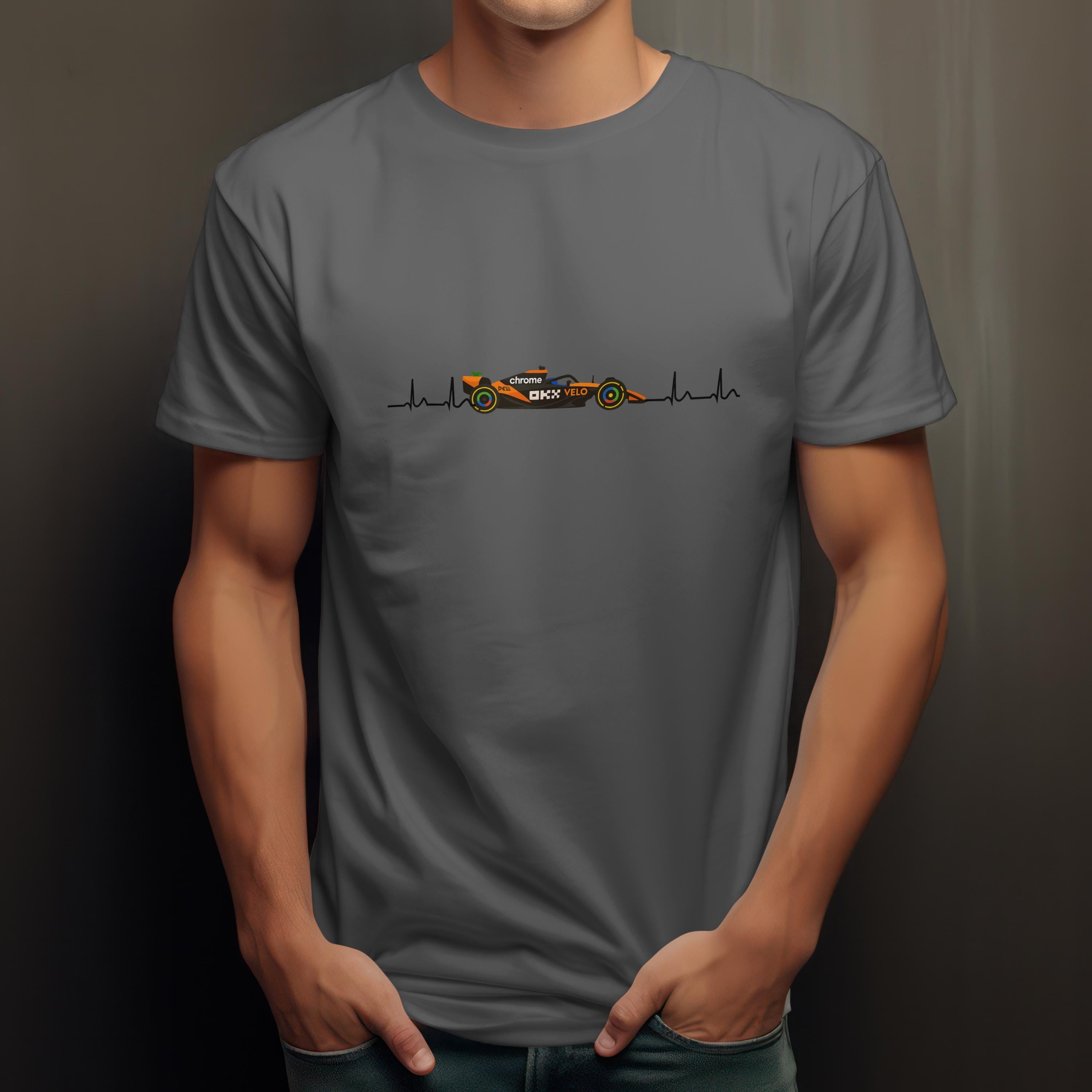 McLaren Heartbeat Racing T-Shirt – F1 Fan Gift, Motorsport Apparel for Race Day, Papaya Car Graphic Tee
