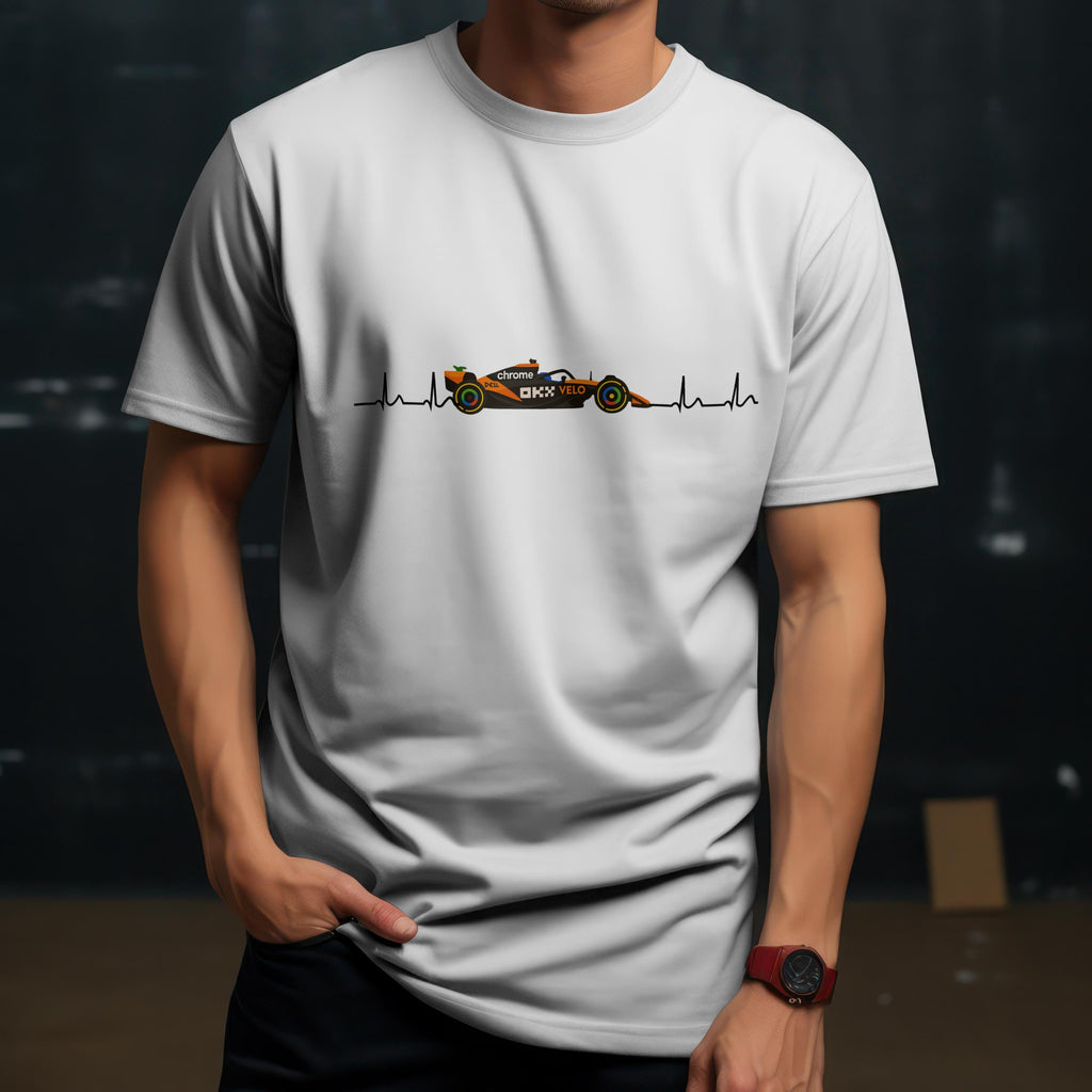 McLaren Heartbeat Racing T-Shirt – F1 Fan Gift, Motorsport Apparel for Race Day, Papaya Car Graphic Tee