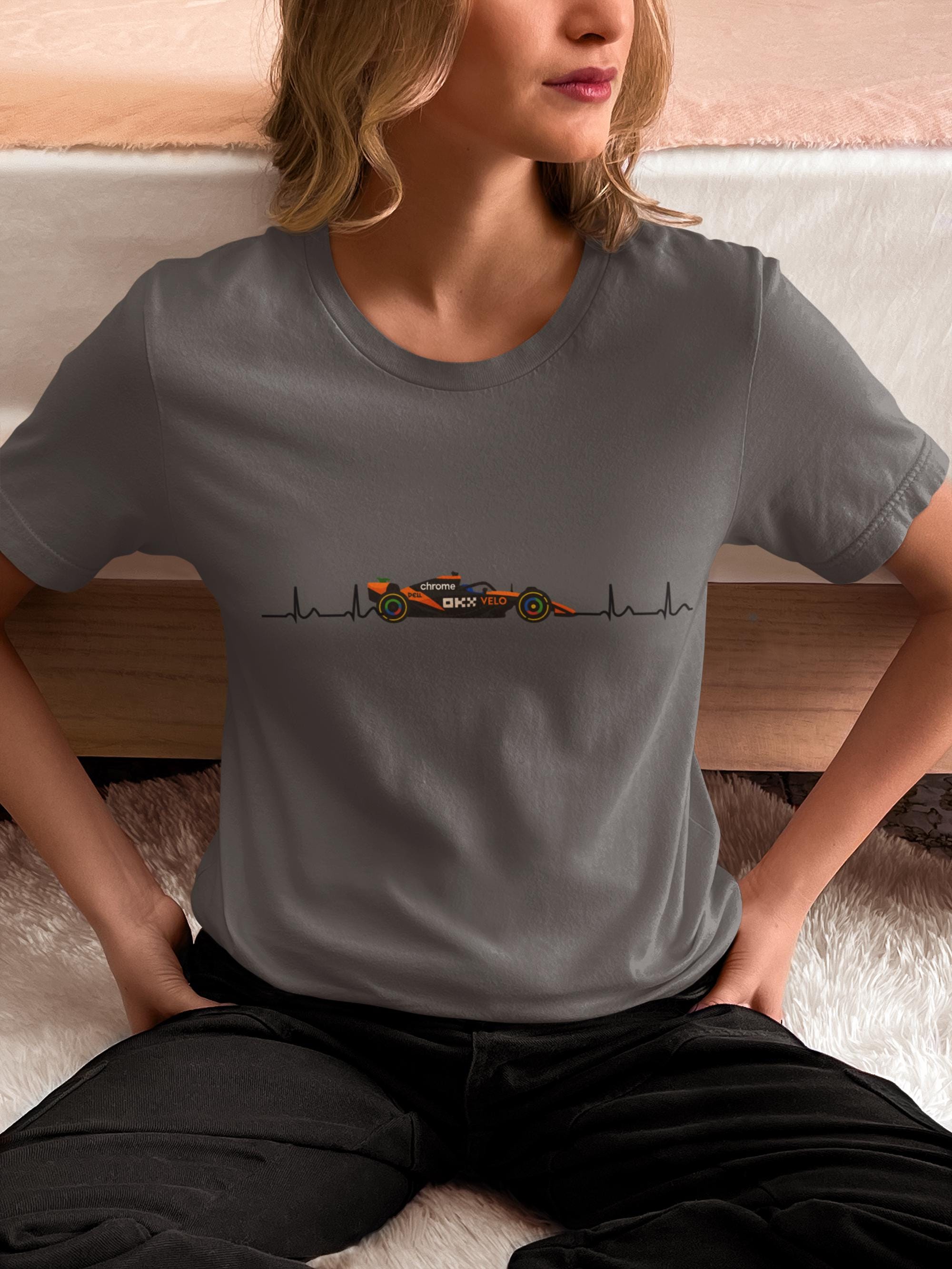 McLaren Heartbeat Racing T-Shirt – F1 Fan Gift, Motorsport Apparel for Race Day, Papaya Car Graphic Tee