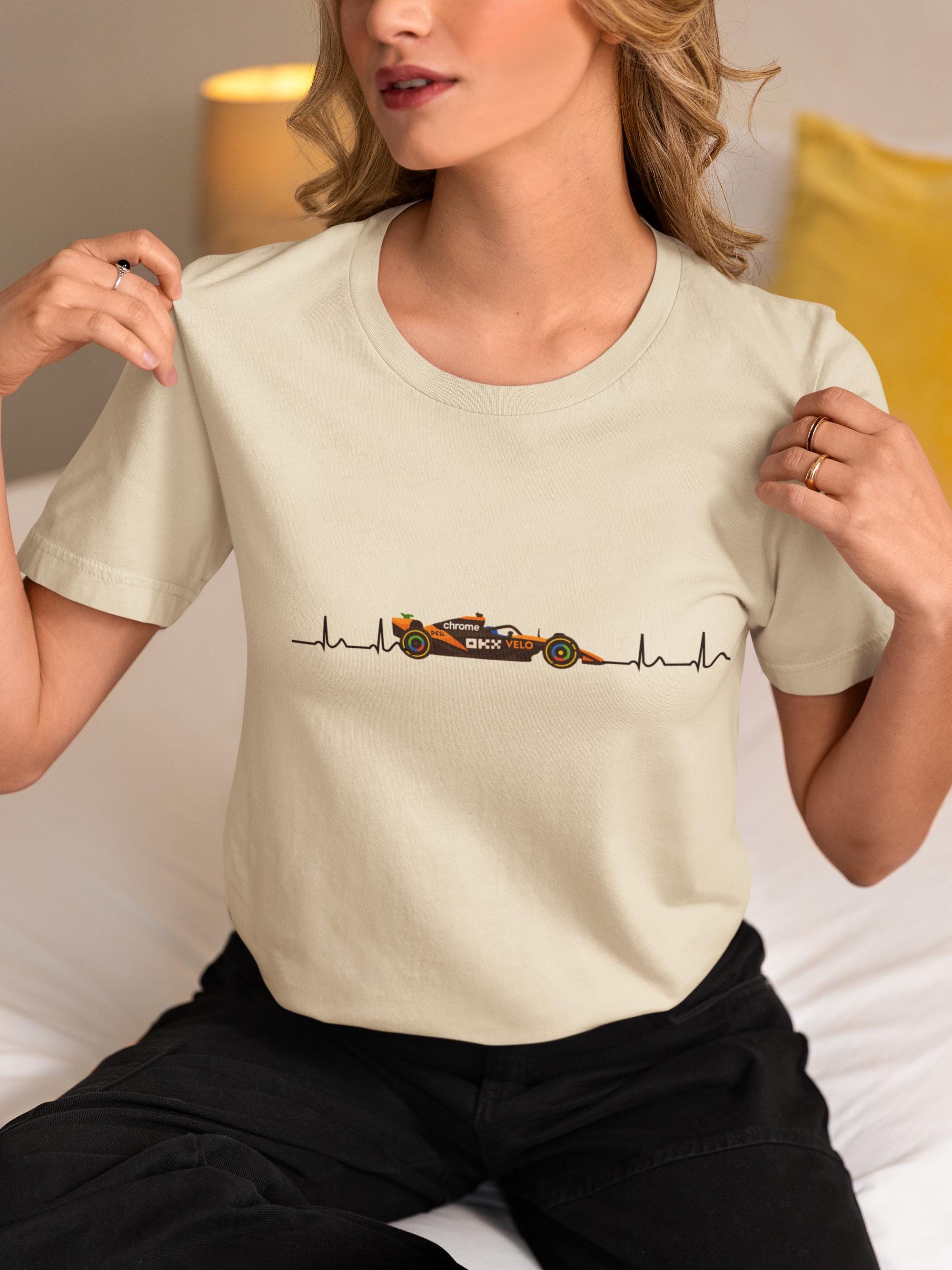 McLaren Heartbeat Racing T-Shirt – F1 Fan Gift, Motorsport Apparel for Race Day, Papaya Car Graphic Tee