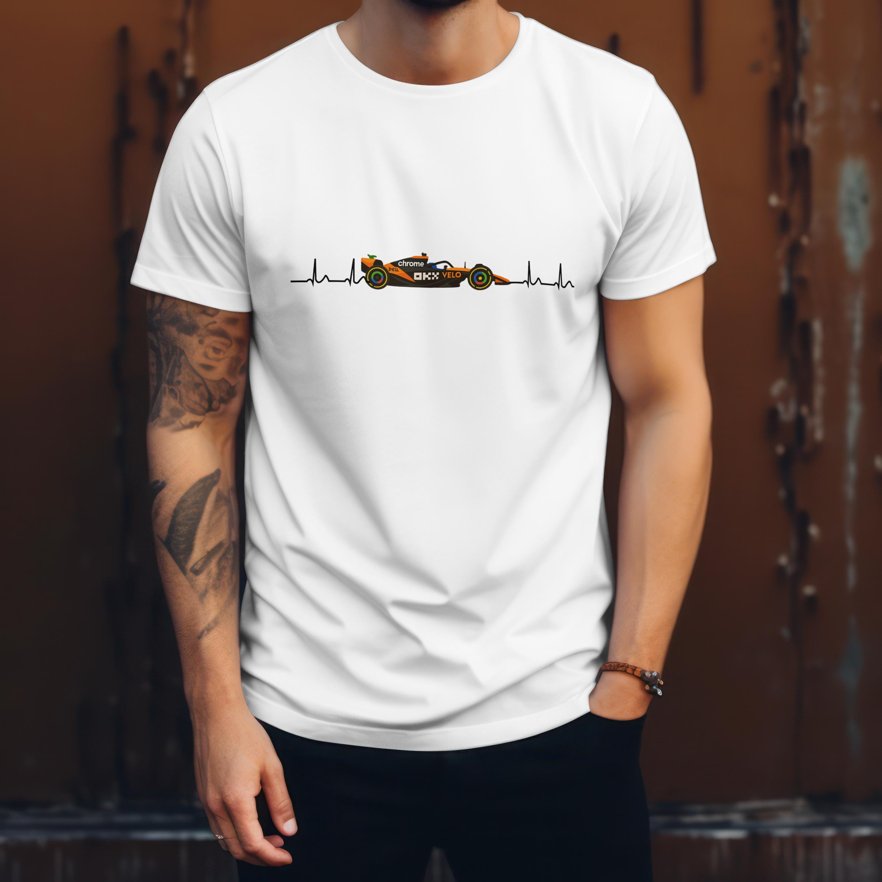 McLaren Heartbeat Racing T-Shirt – F1 Fan Gift, Motorsport Apparel for Race Day, Papaya Car Graphic Tee