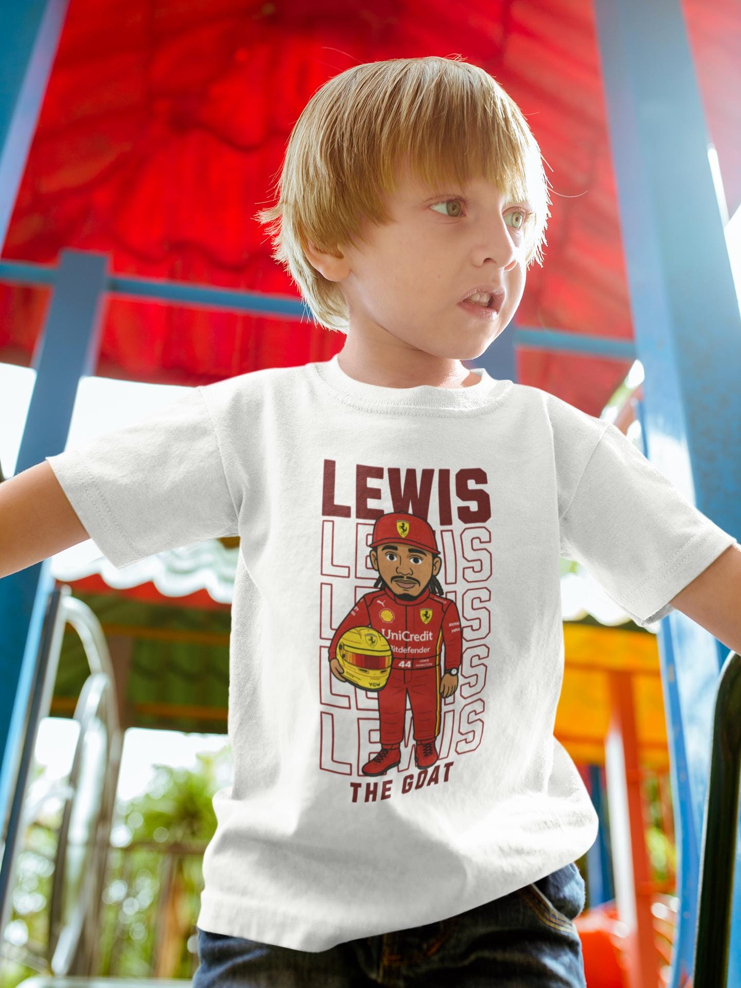 Lewis Hamilton Kids T-Shirt: The GOAT, Ferrari F1 Racing, Sustainable Cotton