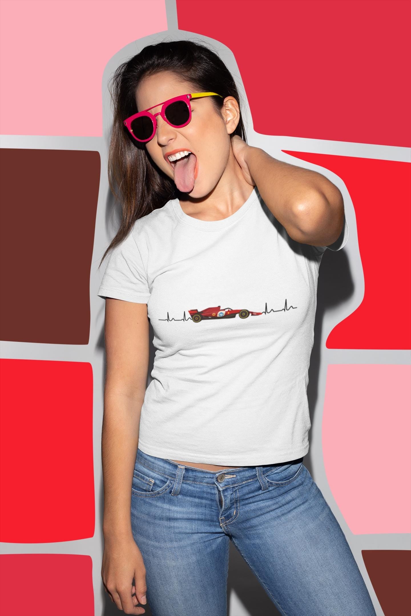Red F1 Heartbeat T-Shirt: Formula 1 Racing Graphic, 100% Cotton