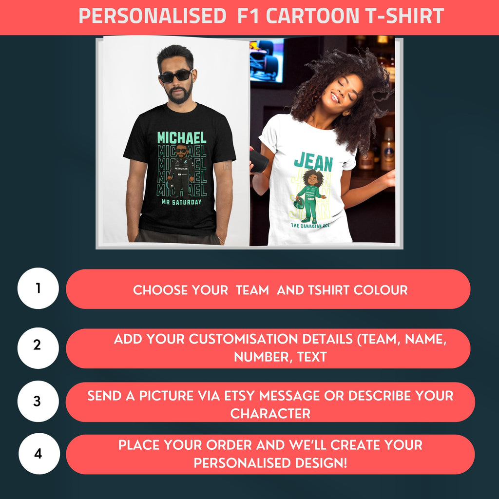 Personalised F1 Cartoon Driver T-Shirt | Turn Into a Formula 1 Driver | Custom Team, Name, Number & Text | Unique Motorsport Gift UK