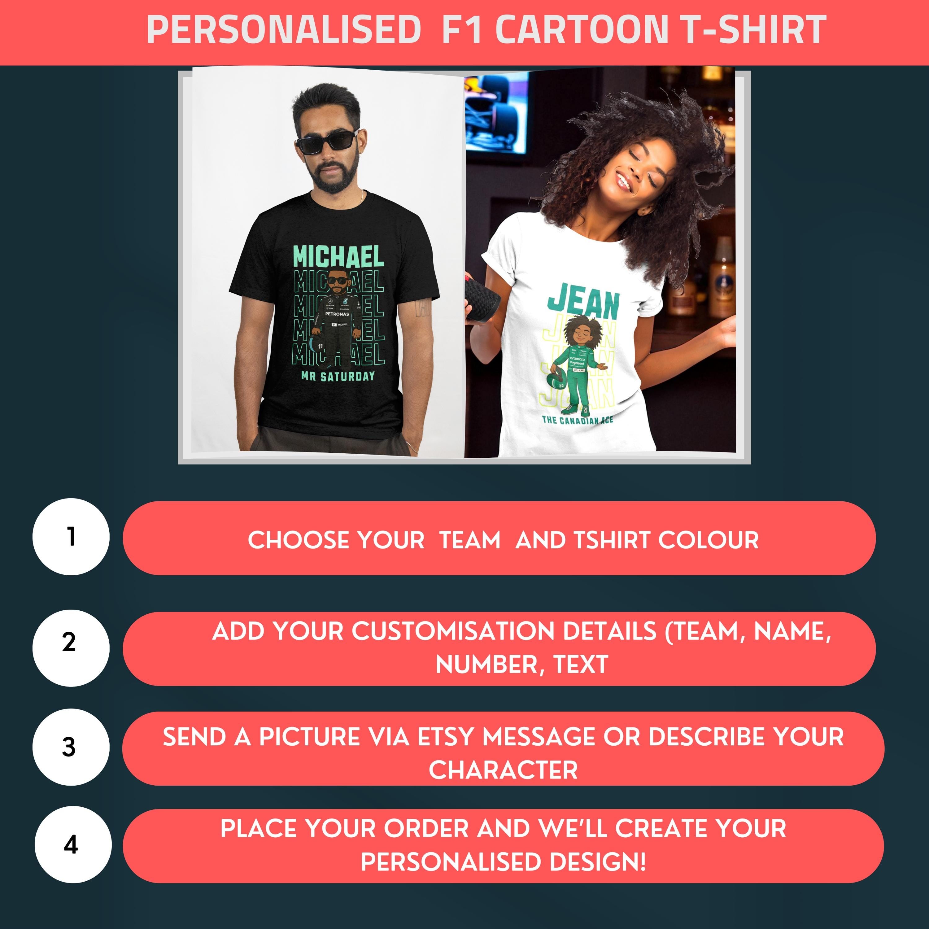 Personalised F1 Cartoon Driver T-Shirt | Turn Into a Formula 1 Driver | Custom Team, Name, Number & Text | Unique Motorsport Gift UK