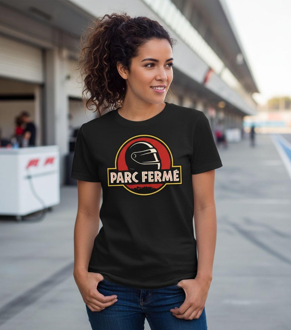 Parc Fermé Jurassic Park F1 T-Shirt | Funny Formula 1 Tee for Racing Fans | Motorsport Parody Shirt | Unisex Racing Gift for F1 Lovers