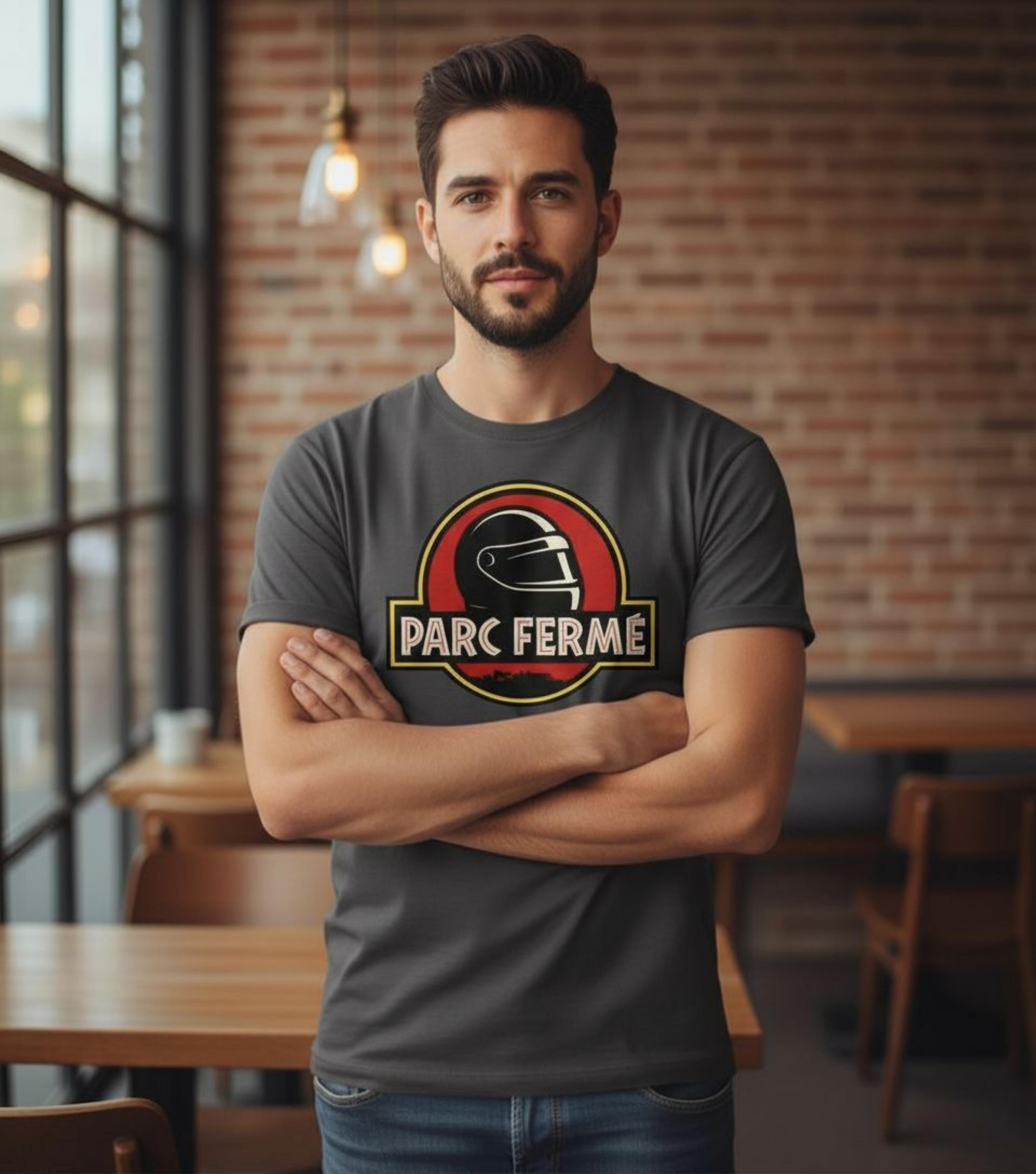 Parc Fermé Jurassic Park F1 T-Shirt | Funny Formula 1 Tee for Racing Fans | Motorsport Parody Shirt | Unisex Racing Gift for F1 Lovers