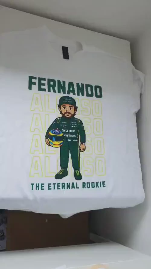 Fernando Alonso “Eternal Rookie” T-Shirt – Funny F1 Graphic Tee – Aston Martin Inspired Racing Shirt – Formula 1 Fan Gift for Men or Women