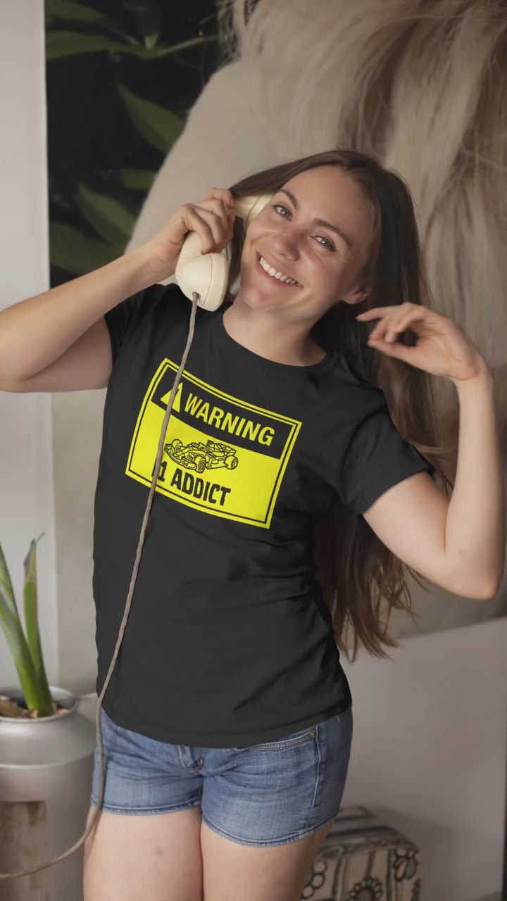 Formula 1 shirt "Warning: F1 Addict" - Funny Racing T-Shirt/Tee for Men and Women. Perfect Gift for Formula One Lovers. F1 Merch