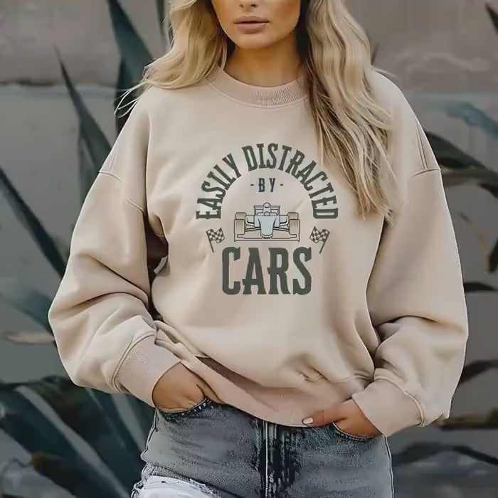Funny Racing F1  Sweatshirt - Easily Distracted by Cars Crewneck, Formula 1 Gift, Motorsport Lover Race Fan Apparel Sweater